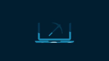 White Mining concept with laptop and pickaxe icon isolated on blue background. Blockchain technology, cryptocurrency mining, digital money market. 4K Video motion graphic animation.