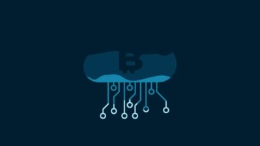 White Cryptocurrency cloud mining icon isolated on blue background. Blockchain technology, bitcoin, digital money market, cryptocoin wallet. 4K Video motion graphic animation.