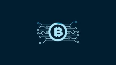 White Cryptocurrency bitcoin in circle with microchip circuit icon isolated on blue background. Blockchain technology, digital money market. 4K Video motion graphic animation.