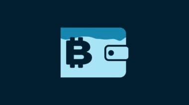 White Cryptocurrency wallet icon isolated on blue background. Wallet and bitcoin sign. Mining concept. Money, payment, cash, pay icon. 4K Video motion graphic animation.