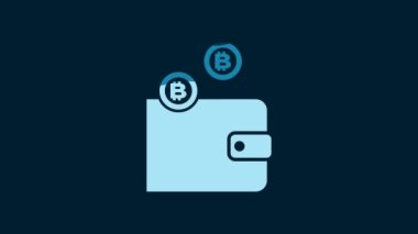 White Cryptocurrency wallet icon isolated on blue background. Wallet and bitcoin sign. Mining concept. Money, payment, cash, pay icon. 4K Video motion graphic animation.