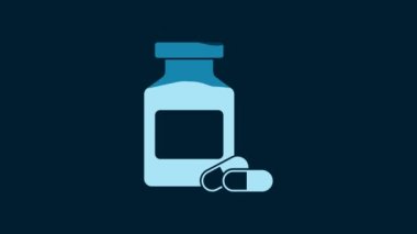 White Medicine bottle and pills icon isolated on blue background. Bottle pill sign. Pharmacy design. 4K Video motion graphic animation.