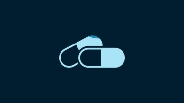 White Medicine pill or tablet icon isolated on blue background. Capsule pill and drug sign. Pharmacy design. 4K Video motion graphic animation.