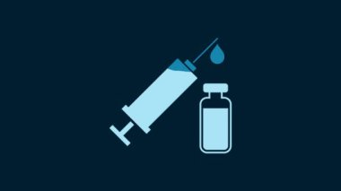 White Medical syringe with needle and vial or ampoule icon isolated on blue background. Vaccination, injection, vaccine, insulin concept. 4K Video motion graphic animation.