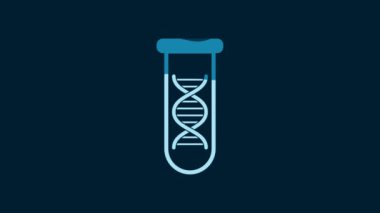 White DNA research, search icon isolated on blue background. Genetic engineering, genetics testing, cloning, paternity testing. 4K Video motion graphic animation.