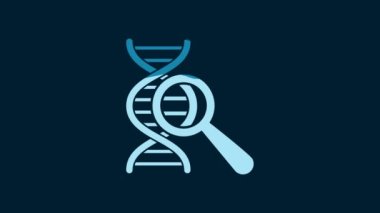 White DNA research, search icon isolated on blue background. Magnifying glass and dna chain. Genetic engineering, cloning, paternity testing. 4K Video motion graphic animation.