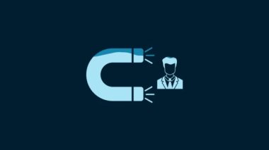 White Customer attracting icon isolated on blue background. Customer retention, support and service. Customer man attracting with magnet. 4K Video motion graphic animation.