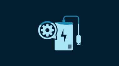 White Power bank with charge cable and gear icon isolated on blue background. Adjusting app, service concept, setting options, maintenance, repair. 4K Video motion graphic animation.