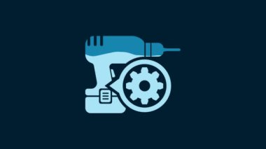 White Drill machine and gear icon isolated on blue background. Adjusting app, service concept, setting options, maintenance, repair, fixing. 4K Video motion graphic animation.