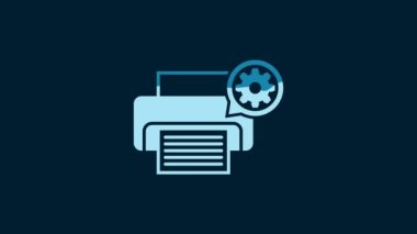 White Printer and gear icon isolated on blue background. Adjusting app, service concept, setting options, maintenance, repair, fixing. 4K Video motion graphic animation.