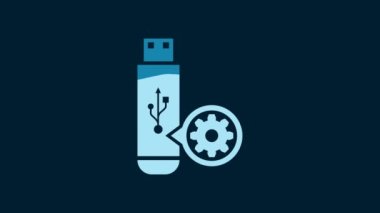 White USB flash drive and gear icon isolated on blue background. Adjusting app, service concept, setting options, maintenance, repair, fixing. 4K Video motion graphic animation.