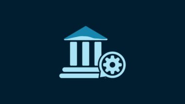 White Bank building and gear icon isolated on blue background. Adjusting app, service concept, setting options, maintenance, repair, fixing. 4K Video motion graphic animation.