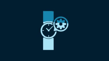 White Wrist watch and gear icon isolated on blue background. Adjusting app, service concept, setting options, maintenance, repair, fixing. 4K Video motion graphic animation.
