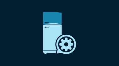 White Refrigerator and gear icon isolated on blue background. Adjusting app, service concept, setting options, maintenance, repair, fixing. 4K Video motion graphic animation.