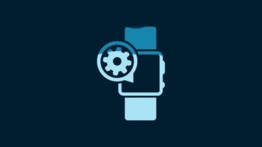 White Smartwatch and gear icon isolated on blue background. Adjusting app, service concept, setting options, maintenance, repair, fixing. 4K Video motion graphic animation.