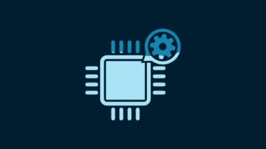 White Processor and gear icon isolated on blue background. CPU, chip service concept. Adjusting app, setting options, maintenance, repair, fixing. 4K Video motion graphic animation.