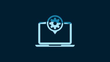 White Laptop and gear icon isolated on blue background. Laptop service concept. Adjusting app, setting options, maintenance, repair, fixing. 4K Video motion graphic animation.