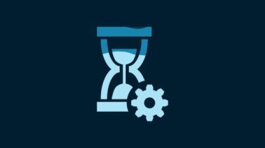 White Hourglass and gear icon isolated on blue background. Time Management symbol. Clock and gear icon. Productivity symbol. 4K Video motion graphic animation.