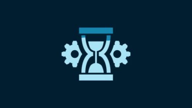 White Hourglass and gear icon isolated on blue background. Time Management symbol. Clock and gear icon. Productivity symbol. 4K Video motion graphic animation.