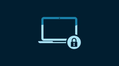 White Laptop and lock icon isolated on blue background. Computer and padlock. Security, safety, protection concept. Safe internetwork. 4K Video motion graphic animation.