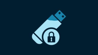 White USB flash drive with closed padlock icon isolated on blue background. Security, safety, protection concept. 4K Video motion graphic animation.