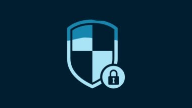 White Shield security with lock icon isolated on blue background. Protection, safety, password security. Firewall access privacy sign. 4K Video motion graphic animation.