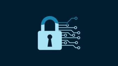 White Cyber security icon isolated on blue background. Closed padlock on digital circuit board. Safety concept. Digital data protection. 4K Video motion graphic animation.