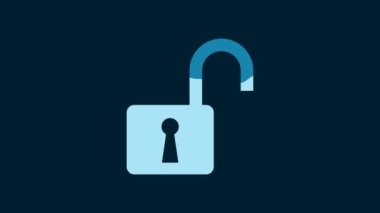 White Open padlock icon isolated on blue background. Opened lock sign. Cyber security concept. Digital data protection. Safety safety. 4K Video motion graphic animation.