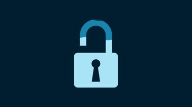 White Open padlock icon isolated on blue background. Opened lock sign. Cyber security concept. Digital data protection. Safety safety. 4K Video motion graphic animation.