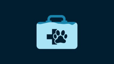 White Pet first aid kit icon isolated on blue background. Dog or cat paw print. Clinic box. 4K Video motion graphic animation.