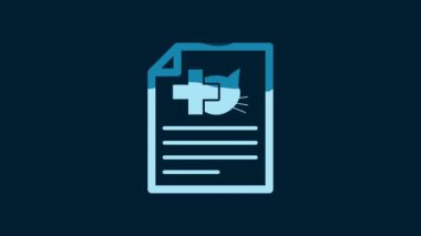 White Medical certificate for travel with dog or cat icon isolated on blue background. Document for pet. Dog or cat paw print. 4K Video motion graphic animation.