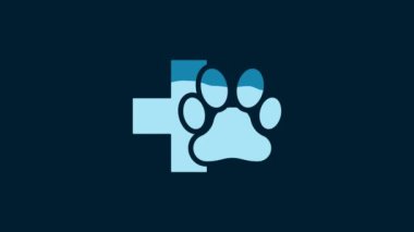 White Veterinary clinic symbol icon isolated on blue background. Cross hospital sign. A stylized paw print dog or cat. Pet First Aid sign. 4K Video motion graphic animation.