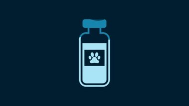 White Pets vial medical icon isolated on blue background. Prescription medicine for animal. 4K Video motion graphic animation.