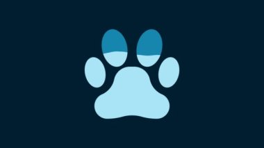 White Paw print icon isolated on blue background. Dog or cat paw print. Animal track. 4K Video motion graphic animation.