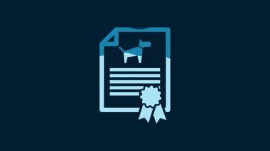 White Medical certificate for travel with dog or cat icon isolated on blue background. Document for pet. Dog or cat paw print. 4K Video motion graphic animation.