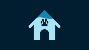 White Dog house and paw print pet icon isolated on blue background. Dog kennel. 4K Video motion graphic animation.