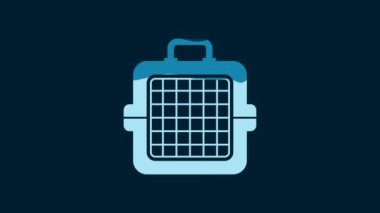 White Pet carry case icon isolated on blue background. Carrier for animals, dog and cat. Container for animals. Animal transport box. 4K Video motion graphic animation.