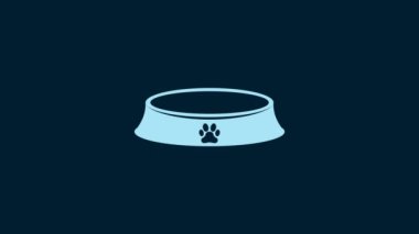 White Pet food bowl for cat or dog icon isolated on blue background. Dog or cat paw print. 4K Video motion graphic animation.