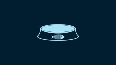 White Pet food bowl for cat or dog icon isolated on blue background. Fish skeleton sign. 4K Video motion graphic animation.