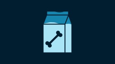 White Bag of food for pet icon isolated on blue background. Food for animals. Dog bone sign. Pet food package. 4K Video motion graphic animation.