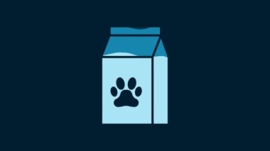 White Bag of food for pet icon isolated on blue background. Food for animals. Pet food package. Dog or cat paw print. 4K Video motion graphic animation.