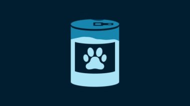 White Canned food icon isolated on blue background. Food for animals. Pet food can. Dog or cat paw print. 4K Video motion graphic animation.