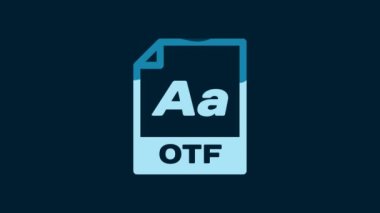 White OTF file document. Download otf button icon isolated on blue background. OTF file symbol. 4K Video motion graphic animation.