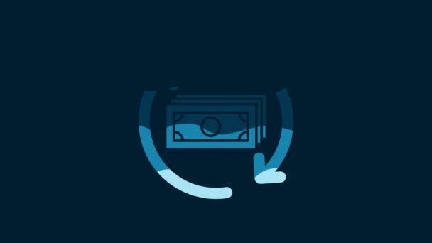 白い返金のお金のアイコンは青の背景に隔離された 金融サービス キャッシュバックの概念 投資収益率 貯蓄口座 4Kビデオモーショングラフィックアニメーション — ストック動画