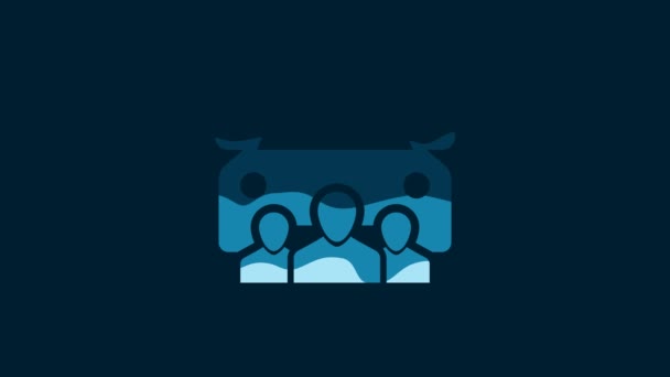 青の背景に隔離された人々のアイコンのグループと白の車の共有 カーシェアリングサイン 輸送レンタルサービスの概念 4Kビデオモーショングラフィックアニメーション — ストック動画