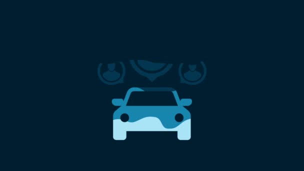 青の背景に隔離された人々のアイコンのグループと白の車の共有 カーシェアリングサイン 輸送レンタルサービスの概念 4Kビデオモーショングラフィックアニメーション — ストック動画