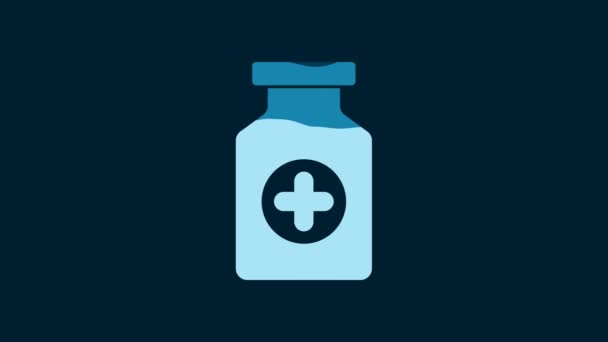 白色药瓶图标隔离在蓝色背景 瓶装药丸标志 药房设计 4K视频运动图形动画 — 图库视频影像