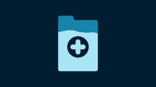 青い背景に隔離された臨床記録アイコンとホワイトメディカルクリップボード 健康保険の形態 処方薬のチェックマーク報告書 4Kビデオモーショングラフィックアニメーション — ストック動画