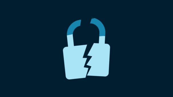 White Broken Cracked Lock Icon Isolated Blue Background Unlock Sign — Stockvideo