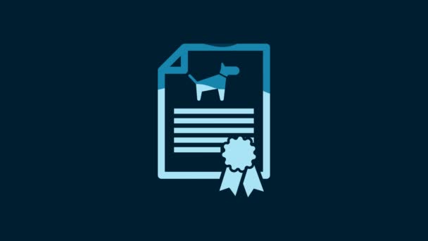 青の背景に隔離された犬や猫のアイコンと旅行のためのホワイトメディカル証明書 ペットのための文書 犬や猫の足のプリント 4Kビデオモーショングラフィックアニメーション — ストック動画